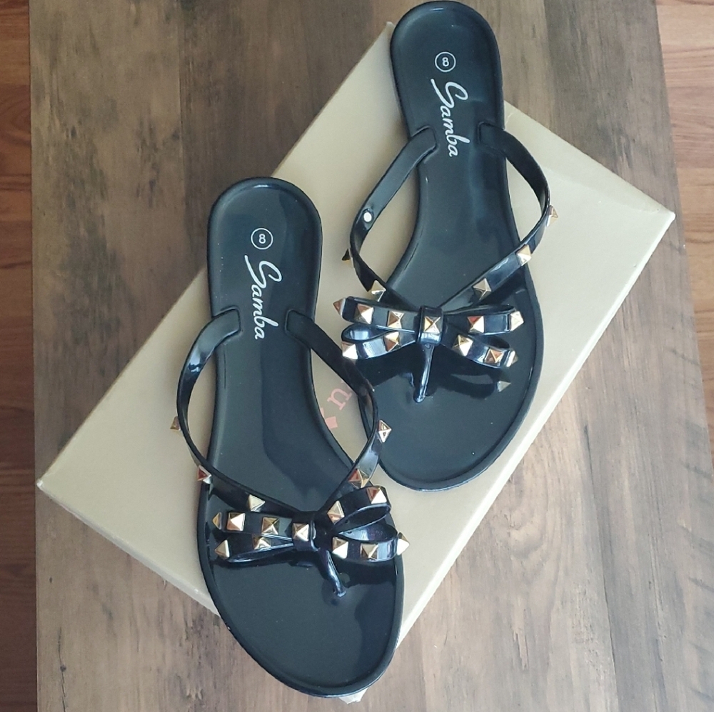 Black Flat Slide Sandals with Bow Detail